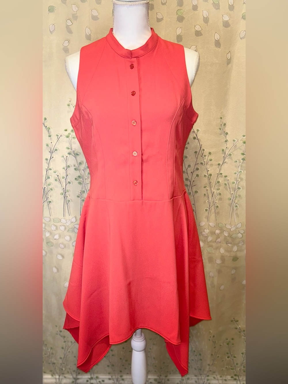 Y2K NWT Spiegel Red/Coral Button-Up Slvs  Fit & Flare Handkerchief Hem Dress 10